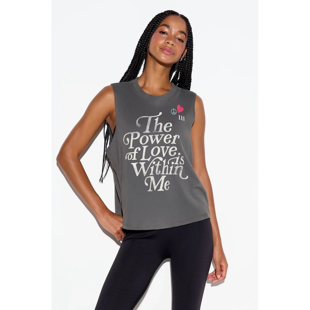 Spiritual Gangster Power of Love Vibe Tank Charcoal Gray Graphic Muscle Tee XS